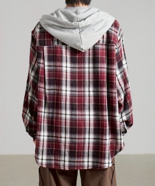 Chikashitsu +(チカシツプラス)の「【Chikashitsu +】oversized hood mix check shirt / 【チカシツプラス】オーバーサイズフードミックスチェックシャツ(シャツ/ブラウス・メンズ・ネイビー/レッド/ベージュ・ONE SIZE)」の13枚目の写真