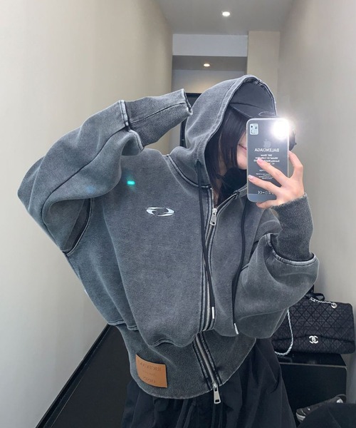 yuue' ( wear )(ユーイ)の「パッチ付きダブルジップパーカー/フーディー(パーカー・レディース・グレー/ブラック・FREE)」の8枚目の写真