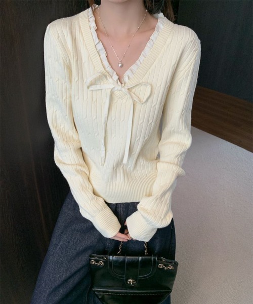Miniministore(ミニミニストア)の「ニットトップスレディース リボン フリル(ニット/セーター・レディース・アイボリー/ネイビー・FREE)」の1枚目の写真