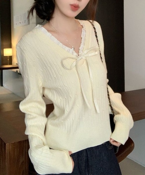 Miniministore(ミニミニストア)の「ニットトップスレディース リボン フリル(ニット/セーター・レディース・アイボリー/ネイビー・FREE)」の18枚目の写真