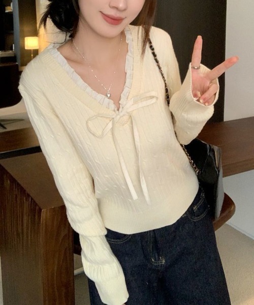 Miniministore(ミニミニストア)の「ニットトップスレディース リボン フリル(ニット/セーター・レディース・アイボリー/ネイビー・FREE)」の17枚目の写真