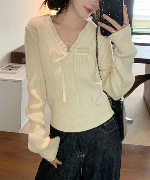 Miniministore(ミニミニストア)の「ニットトップスレディース リボン フリル(ニット/セーター・レディース・アイボリー/ネイビー・FREE)」の16枚目の写真