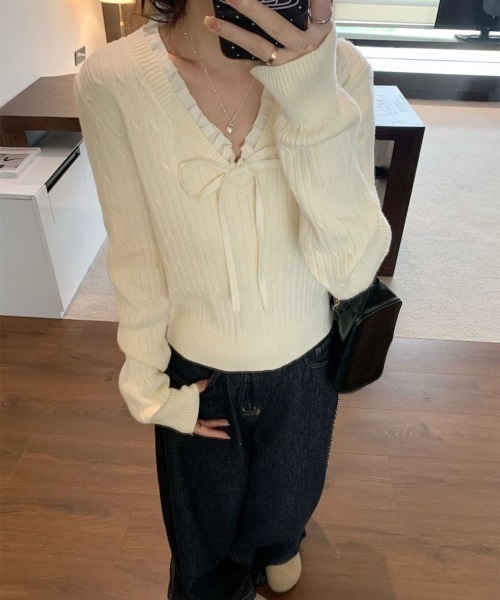 Miniministore(ミニミニストア)の「ニットトップスレディース リボン フリル(ニット/セーター・レディース・アイボリー/ネイビー・FREE)」の15枚目の写真
