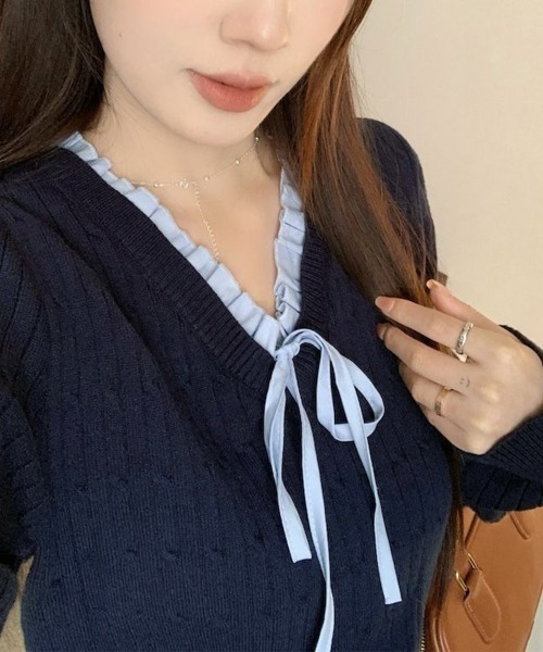 Miniministore(ミニミニストア)の「ニットトップスレディース リボン フリル(ニット/セーター・レディース・アイボリー/ネイビー・FREE)」の12枚目の写真