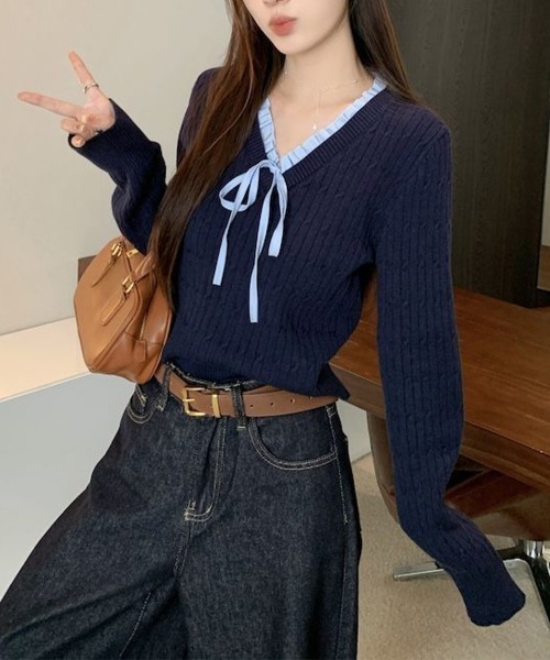 Miniministore(ミニミニストア)の「ニットトップスレディース リボン フリル(ニット/セーター・レディース・アイボリー/ネイビー・FREE)」の10枚目の写真
