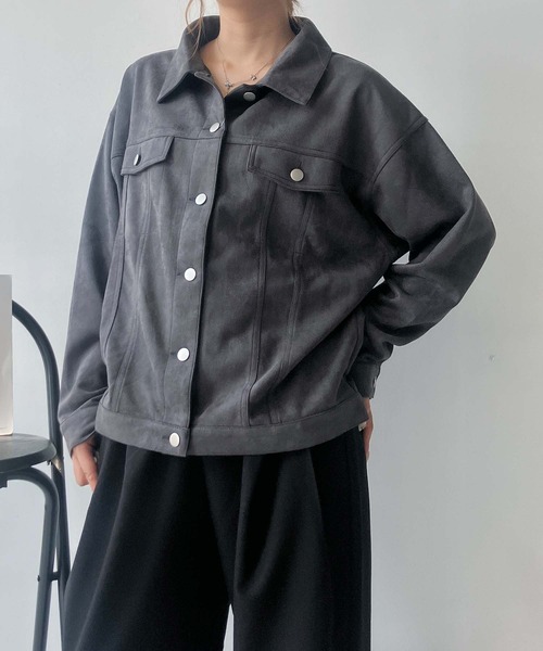 AS KNOW AS plus(アズノゥアズプラス)の「♪スウェード ダブルポケットゆるりジャケット(ブルゾン・レディース・チャコールグレー/ベージュ/キャメル・FREE)」の1枚目の写真