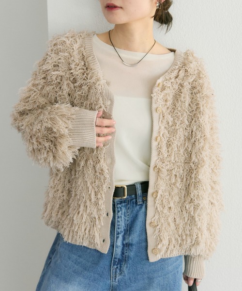 PUAL CE CIN（ピュアルセシン）の「フリンジジャガードカーディガン（カーディガン/ボレロ・レディース・チャコールグレー/ベージュ・FREE）」の2枚目の写真