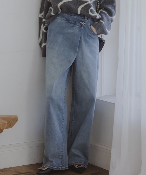 slattgir(スラットジール)の「高身長 ラップ風デニムワイドパンツ(トールサイズ)Essenave(デニムパンツ・レディース・ブラック/ブルー・TM/TL/TLL/T3L)」の3枚目の写真