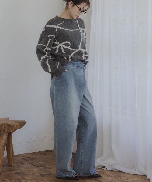 slattgir(スラットジール)の「高身長 ラップ風デニムワイドパンツ(トールサイズ)Essenave(デニムパンツ・レディース・ブラック/ブルー・TM/TL/TLL/T3L)」の6枚目の写真