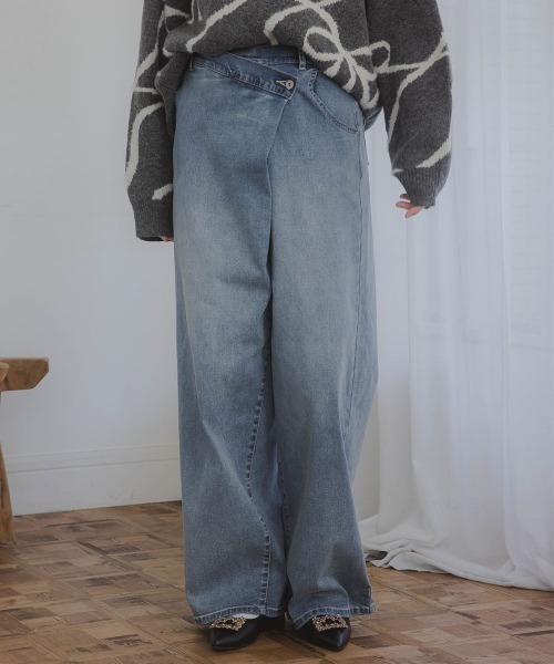slattgir(スラットジール)の「高身長 ラップ風デニムワイドパンツ(トールサイズ)Essenave(デニムパンツ・レディース・ブラック/ブルー・TM/TL/TLL/T3L)」の9枚目の写真