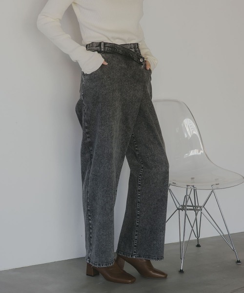 slattgir(スラットジール)の「高身長 ラップ風デニムワイドパンツ(トールサイズ)Essenave(デニムパンツ・レディース・ブラック/ブルー・TM/TL/TLL/T3L)」の14枚目の写真