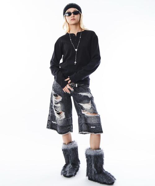 SHORT ROUND(ショートラウンド)の「SHORT ROUND/コンパクトフィットリブヘンリーネックT(LS)(Tシャツ/カットソー・メンズ・ホワイト/ブラック・MEDIUM/LARGE)」の22枚目の写真