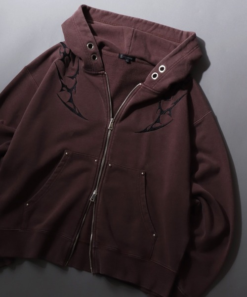 セール】Trival Logo Embroidery Zip Hoodie/トライバルロゴ オーバー