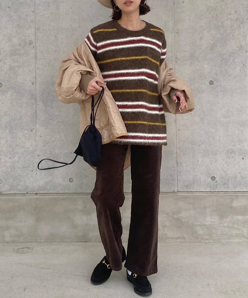 ISOOK(アイスー)の「フロントポケットボーダーシャギーニット(kiharu select) / セーター 長袖 ルーズ丈 ロング丈 クルーネック ラウンドネック マルチボーダー ブラウン(ニット/セーター・レディース・ブラウン・FREE)」の2枚目の写真