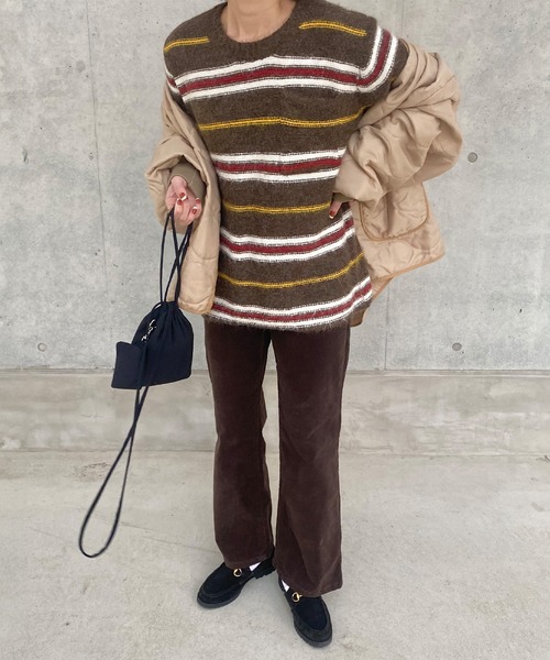 ISOOK(アイスー)の「フロントポケットボーダーシャギーニット(kiharu select) / セーター 長袖 ルーズ丈 ロング丈 クルーネック ラウンドネック マルチボーダー ブラウン(ニット/セーター・レディース・ブラウン・FREE)」の3枚目の写真