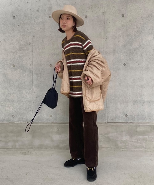 ISOOK(アイスー)の「フロントポケットボーダーシャギーニット(kiharu select) / セーター 長袖 ルーズ丈 ロング丈 クルーネック ラウンドネック マルチボーダー ブラウン(ニット/セーター・レディース・ブラウン・FREE)」の4枚目の写真