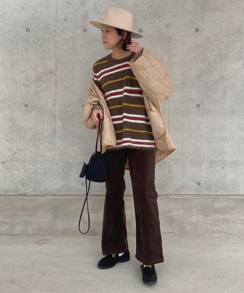 ISOOK(アイスー)の「フロントポケットボーダーシャギーニット(kiharu select) / セーター 長袖 ルーズ丈 ロング丈 クルーネック ラウンドネック マルチボーダー ブラウン(ニット/セーター・レディース・ブラウン・FREE)」の5枚目の写真
