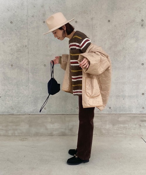 ISOOK(アイスー)の「フロントポケットボーダーシャギーニット(kiharu select) / セーター 長袖 ルーズ丈 ロング丈 クルーネック ラウンドネック マルチボーダー ブラウン(ニット/セーター・レディース・ブラウン・FREE)」の6枚目の写真
