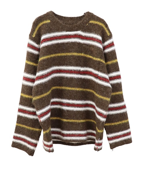 ISOOK(アイスー)の「フロントポケットボーダーシャギーニット(kiharu select) / セーター 長袖 ルーズ丈 ロング丈 クルーネック ラウンドネック マルチボーダー ブラウン(ニット/セーター・レディース・ブラウン・FREE)」の9枚目の写真