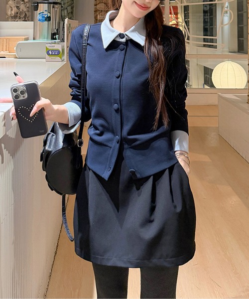 バイカラーくるみボタンシャツカーディガン