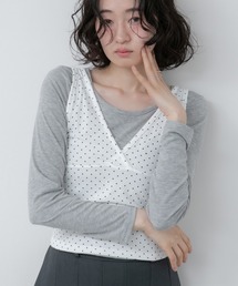 ドットレイヤードトップス 2点セット/ 2WAY 水玉 無地 韓国 春服 秋服 夏服 カジュアル トップス 長袖 レイヤード インナー タンクトップ カットソー ロンT ガーリー フレンチシック