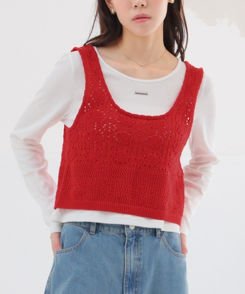 Honeys（ハニーズ）の「透かし編ビスチェ（ニット/セーター・レディース・ブラウン/レッド/アイボリー/ブラック・L/M/S）」の14枚目の写真