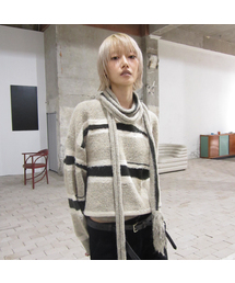 STRIPE DISTRESSED SWEATER SCARF SET-BEIGE