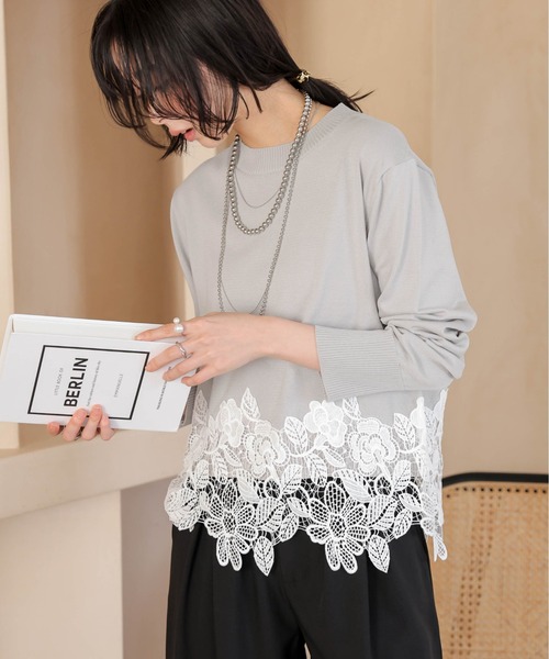 SUGAR BISKET(シュガービスケット)の「レースヘムニットトップス(Tシャツ/カットソー・レディース・ライトグレー/ホワイト/ブラック・フリー/C)」の3枚目の写真