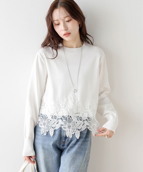 セール】レースヘムニットトップス（Tシャツ/カットソー）｜SUGAR
