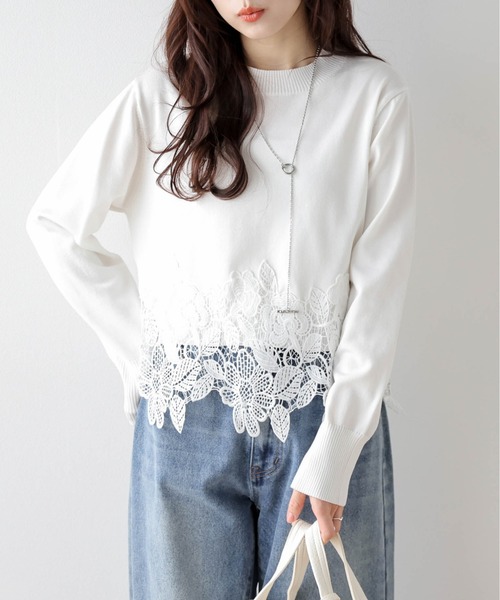 SUGAR BISKET(シュガービスケット)の「レースヘムニットトップス(Tシャツ/カットソー・レディース・ライトグレー/ホワイト/ブラック・フリー/C)」の6枚目の写真
