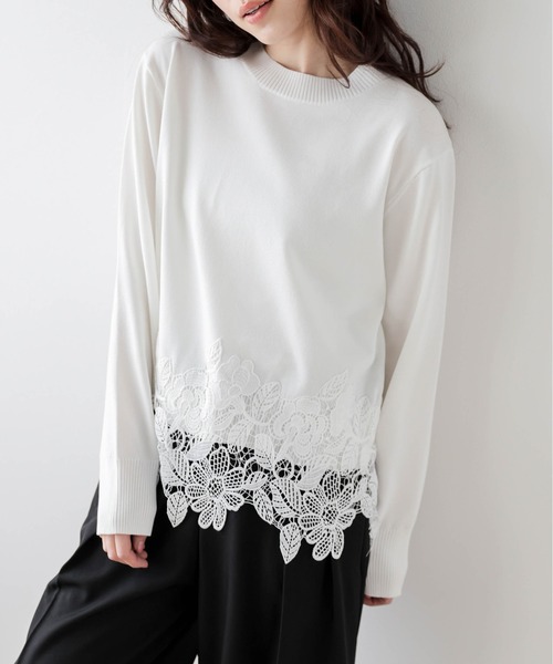SUGAR BISKET(シュガービスケット)の「レースヘムニットトップス(Tシャツ/カットソー・レディース・ライトグレー/ホワイト/ブラック・フリー/C)」の13枚目の写真