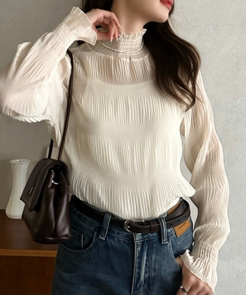 Eclat one(エクラワン)の「【Eclat one】マジョリカプリーツ ハイネック 長袖ブラウス(シャツ/ブラウス・レディース・アイボリー/ブラック/グレー・FREE)」の4枚目の写真