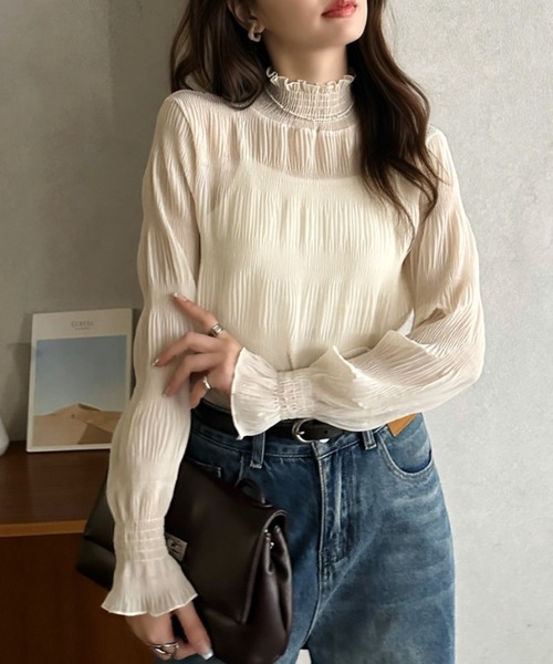 Eclat one(エクラワン)の「【Eclat one】マジョリカプリーツ ハイネック 長袖ブラウス(シャツ/ブラウス・レディース・アイボリー/ブラック/グレー・FREE)」の5枚目の写真