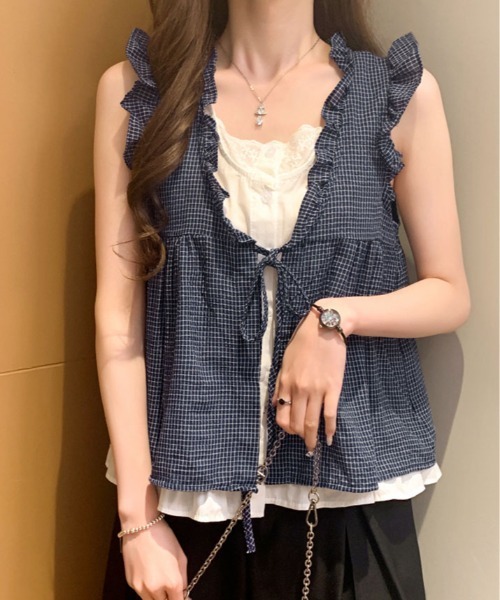 kirakiraShop(キラキラショップ)の「レイヤード風 チェック柄 フリル ブラウス(シャツ/ブラウス・レディース・ホワイト/ホワイト系その他/ブルー系その他/ブラック系その他・FREE)」の4枚目の写真