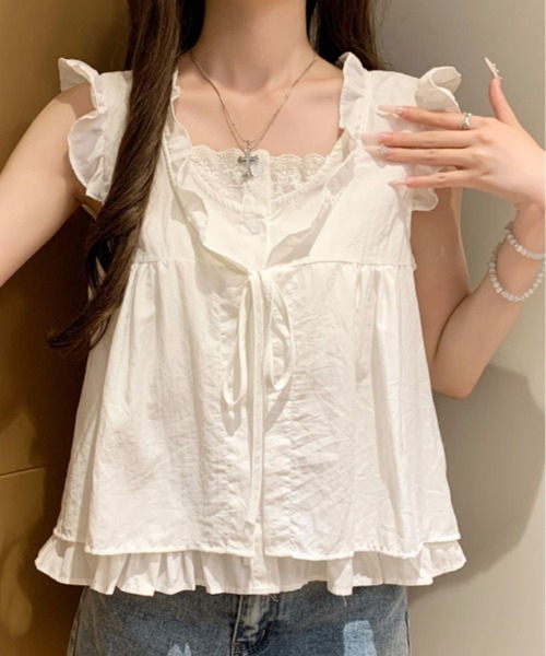 kirakiraShop(キラキラショップ)の「レイヤード風 チェック柄 フリル ブラウス(シャツ/ブラウス・レディース・ホワイト/ホワイト系その他/ブルー系その他/ブラック系その他・FREE)」の2枚目の写真