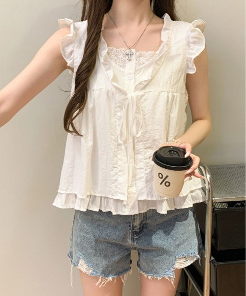 kirakiraShop(キラキラショップ)の「レイヤード風 チェック柄 フリル ブラウス(シャツ/ブラウス・レディース・ホワイト/ホワイト系その他/ブルー系その他/ブラック系その他・FREE)」の7枚目の写真