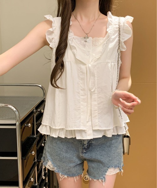 kirakiraShop(キラキラショップ)の「レイヤード風 チェック柄 フリル ブラウス(シャツ/ブラウス・レディース・ホワイト/ホワイト系その他/ブルー系その他/ブラック系その他・FREE)」の8枚目の写真