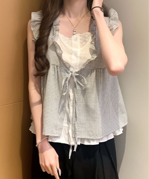 kirakiraShop(キラキラショップ)の「レイヤード風 チェック柄 フリル ブラウス(シャツ/ブラウス・レディース・ホワイト/ホワイト系その他/ブルー系その他/ブラック系その他・FREE)」の10枚目の写真