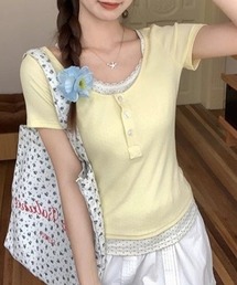 フェイクレイヤード ドットヘンリーリブTシャツ