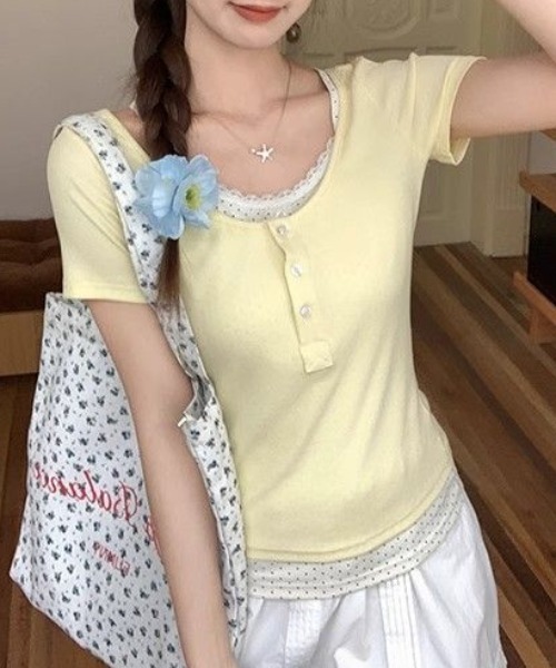 lulufa(ルルファ)の「フェイクレイヤード ドットヘンリーリブTシャツ(Tシャツ/カットソー・レディース・ネイビー/イエロー・LARGE/MEDIUM)」の1枚目の写真