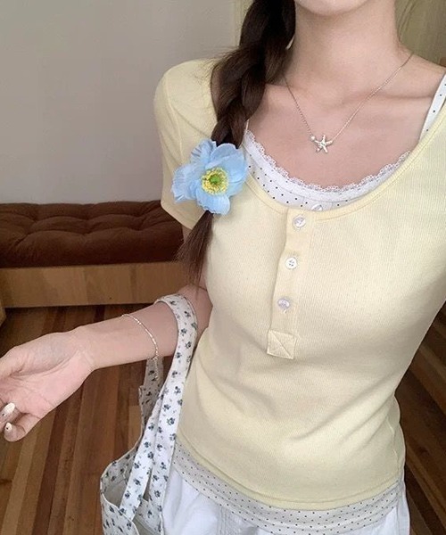 lulufa(ルルファ)の「フェイクレイヤード ドットヘンリーリブTシャツ(Tシャツ/カットソー・レディース・ネイビー/イエロー・LARGE/MEDIUM)」の13枚目の写真