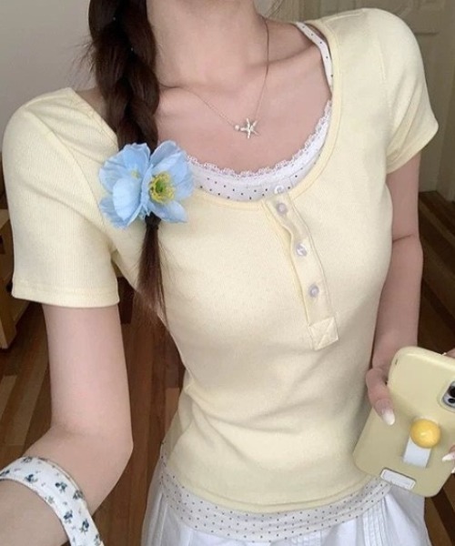 lulufa(ルルファ)の「フェイクレイヤード ドットヘンリーリブTシャツ(Tシャツ/カットソー・レディース・ネイビー/イエロー・LARGE/MEDIUM)」の14枚目の写真