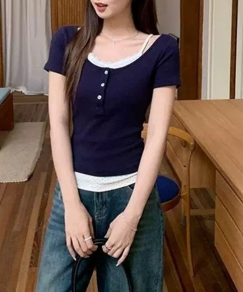 lulufa(ルルファ)の「フェイクレイヤード ドットヘンリーリブTシャツ(Tシャツ/カットソー・レディース・ネイビー/イエロー・LARGE/MEDIUM)」の3枚目の写真