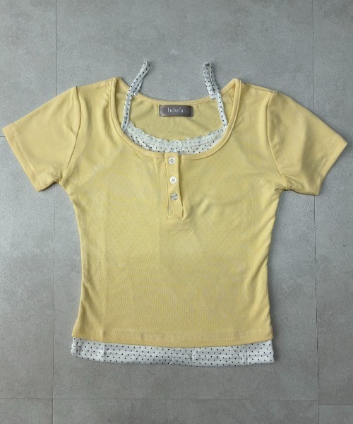 lulufa(ルルファ)の「フェイクレイヤード ドットヘンリーリブTシャツ(Tシャツ/カットソー・レディース・ネイビー/イエロー・LARGE/MEDIUM)」の4枚目の写真