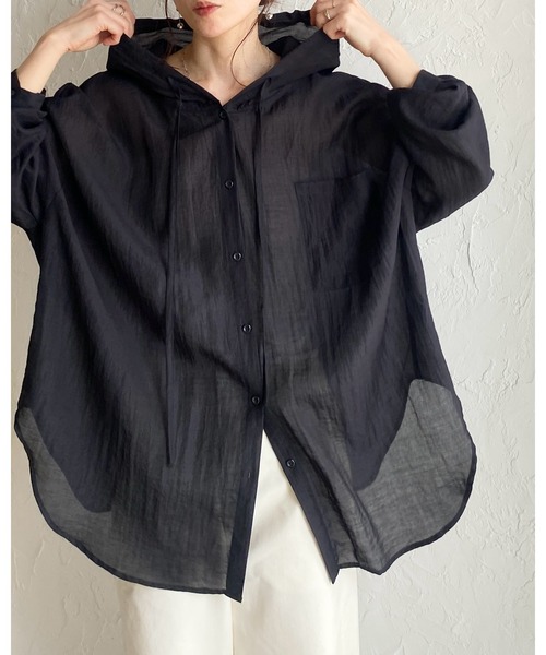 She's Closet（シーズクローゼット）の「フード付き オーバーサイズ シアーシャツ パーカー（シャツ/ブラウス・レディース・ブラック/サックスブルー/ホワイト/グレー・FREE）」の20枚目の写真