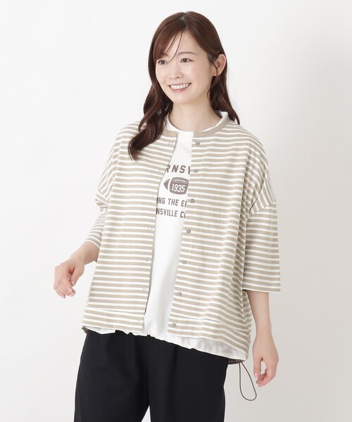 one'sterrace(ワンズテラス)の「UV加工 天竺ボーダー6分袖カーディガン(カーディガン/ボレロ・レディース・ネイビー系5/ブラック系8/ベージュ系8・02)」の2枚目の写真
