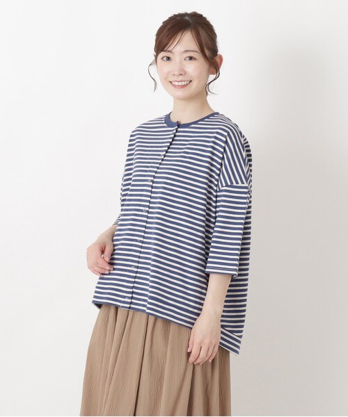 one'sterrace(ワンズテラス)の「UV加工 天竺ボーダー6分袖カーディガン(カーディガン/ボレロ・レディース・ネイビー系5/ブラック系8/ベージュ系8・02)」の3枚目の写真