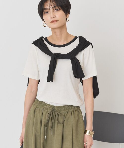 AMERICAN HOLIC(アメリカンホリック)の「【2点SET】配色半袖Tシャツ+針抜きカーディガン(Tシャツ/カットソー・レディース・ブラック/グレー系その他/オフホワイト・M/L)」の2枚目の写真