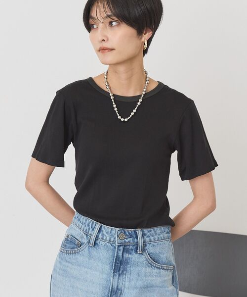 AMERICAN HOLIC(アメリカンホリック)の「【2点SET】配色半袖Tシャツ+針抜きカーディガン(Tシャツ/カットソー・レディース・ブラック/グレー系その他/オフホワイト・M/L)」の3枚目の写真