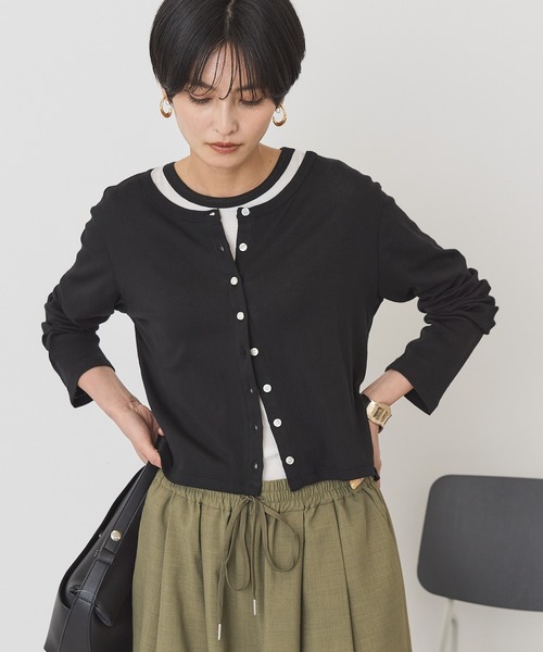 AMERICAN HOLIC(アメリカンホリック)の「【2点SET】配色半袖Tシャツ+針抜きカーディガン(Tシャツ/カットソー・レディース・ブラック/グレー系その他/オフホワイト・M/L)」の7枚目の写真